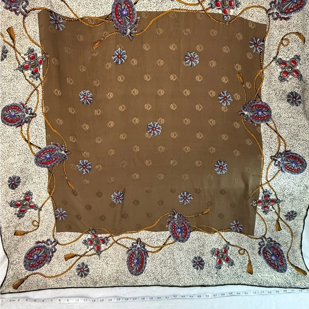 Dior Cream and Black Silk Scarf with Red and Purple Jewel Accents